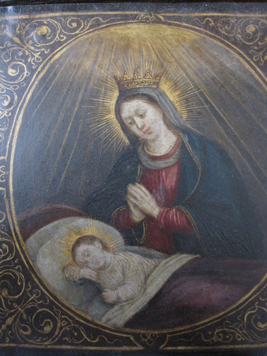 Triptyque Ou Autel De Voyage Du XVIIe Siècle. Vierge à l'Enfant Et Deux Saints-photo-2