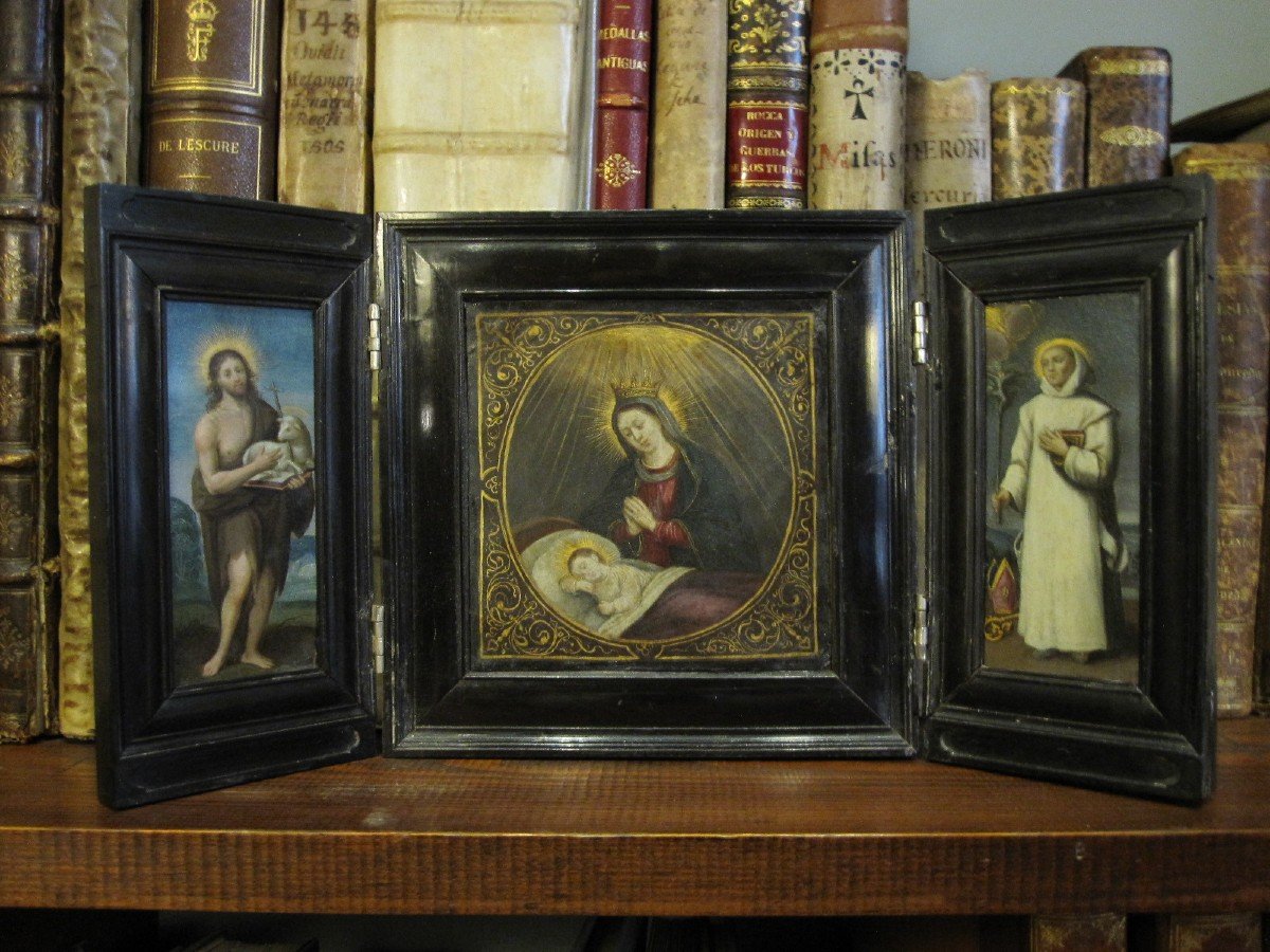 Triptyque Ou Autel De Voyage Du XVIIe Siècle. Vierge à l'Enfant Et Deux Saints