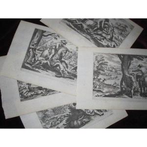 Hunting Scenes 5 Engravings By Matias Merian On Drawings By Antonio Tempesta. Seventeenth Century