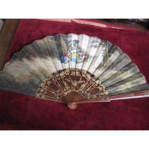 Romantic Style Fan, With 18th Century Scene, In Faux Tortoiseshell