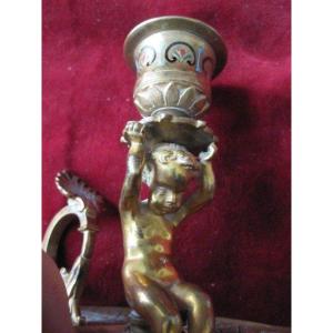 Bougeoir En Bronze Doré Et émail Cloisonné. XIXème Siècle