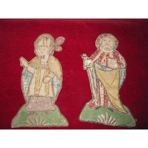 Saint Paul Et évêque. Broderie En Soie De Couleur Et Fils d'Or Du 16eme Ou 17eme Siecle. 