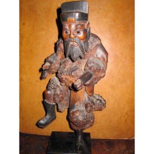 Okimono. Japanese Warrior Carved In Root Wood. Edo Period