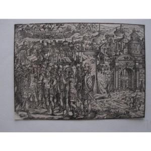 Quatre gravures sur bois du XVIe siècle. Scènes de bataille et autres.