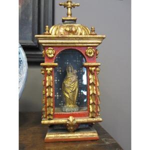 Baroque Baldachin In Lacquered And Gilded Wood, Adorned With A Small Polychrome Alabaster Madonna