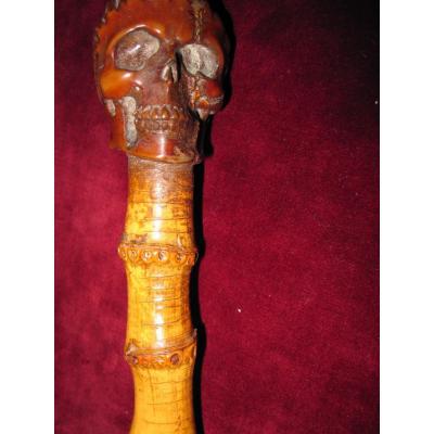 Rare Cane. With An Intricately Carved Human Skull. Memento Mori