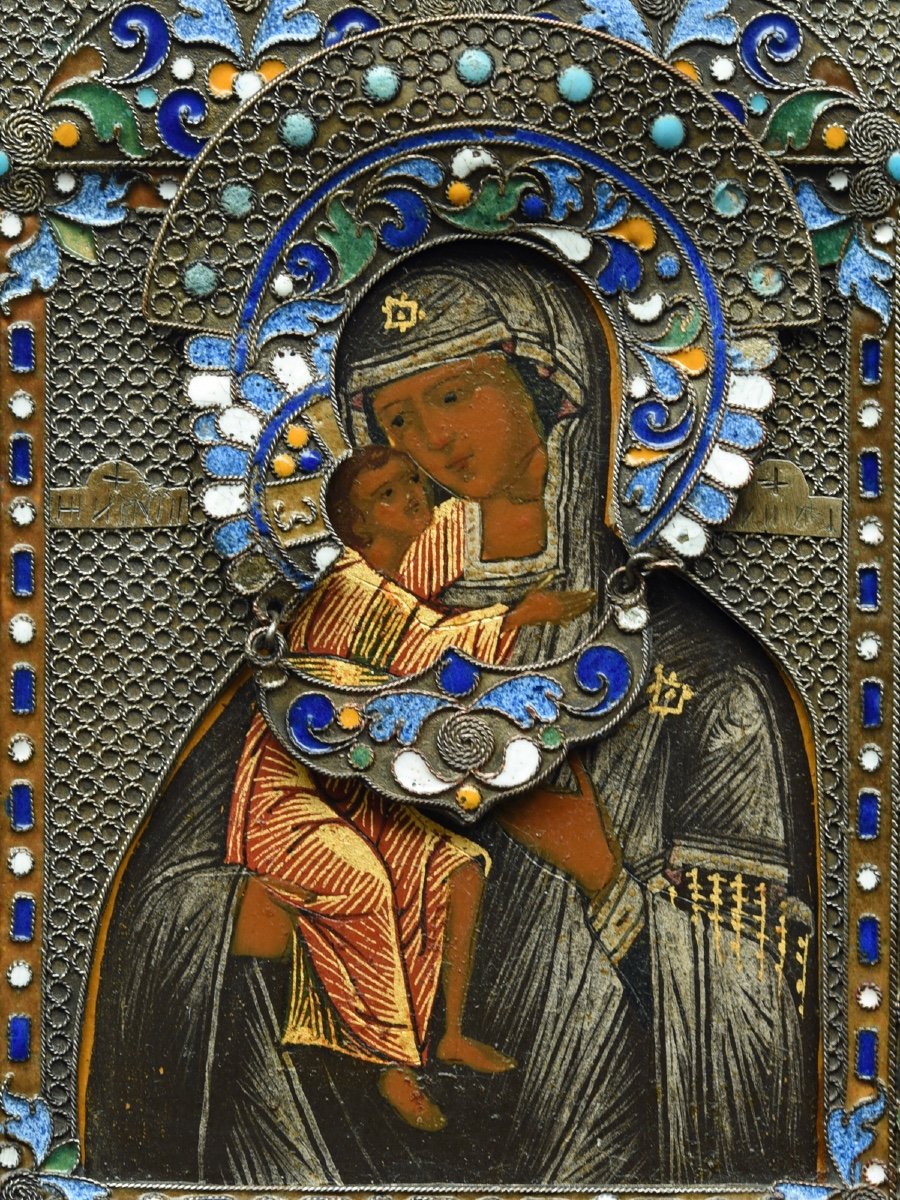Cloisonné Enamel Icon Mother Of God Feodorovskaya With Oklad-photo-3