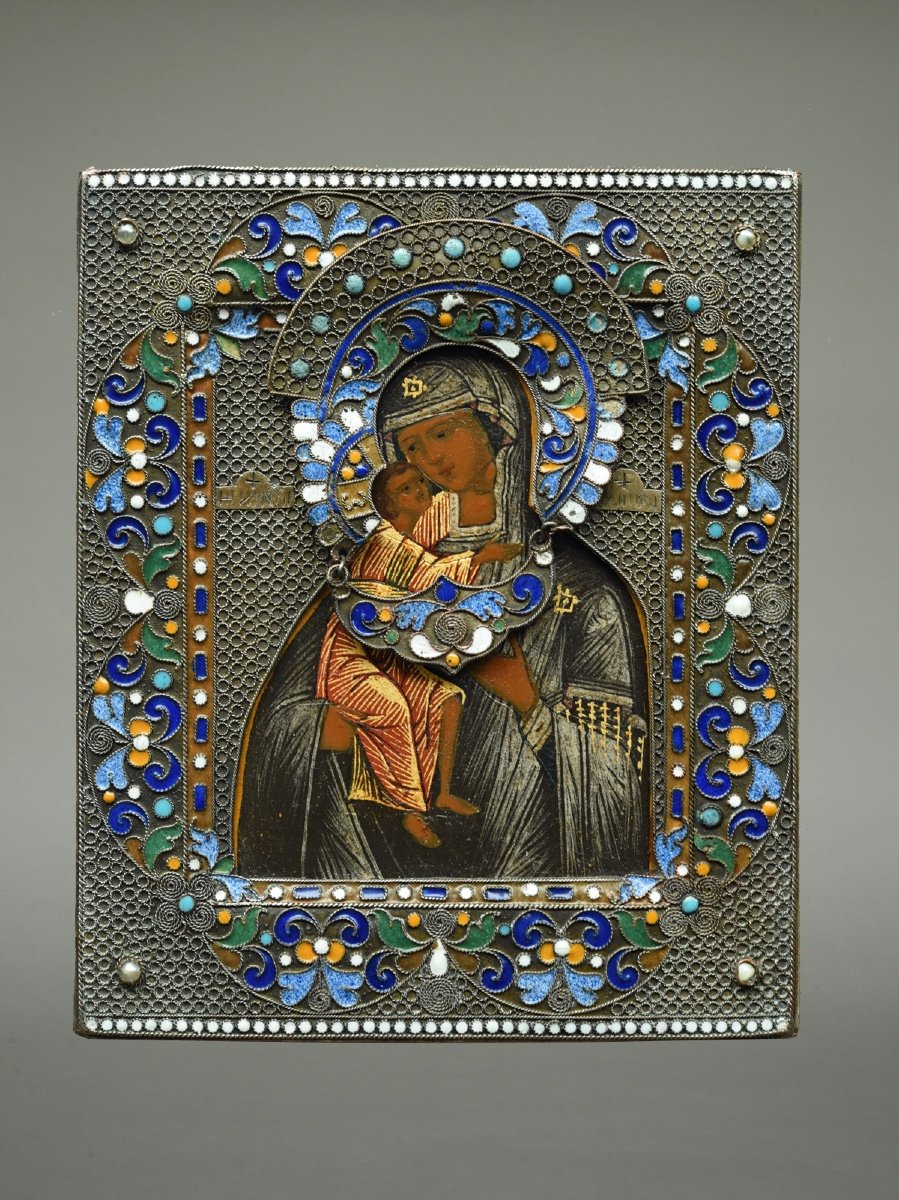 Cloisonné Enamel Icon Mother Of God Feodorovskaya With Oklad
