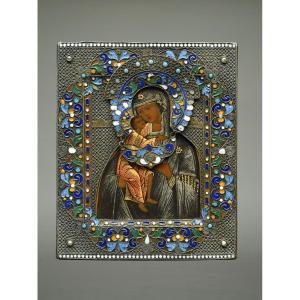 Icône Icone Icon Mère De Dieu Feodorovskaya avec oklad en émail Cloisonné