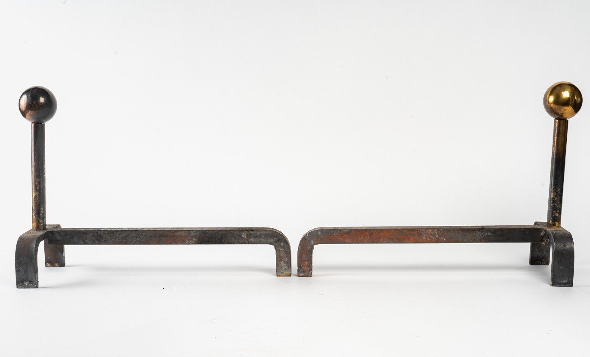 Pair Of Andirons In Cast Iron And Brass, 1960-photo-3