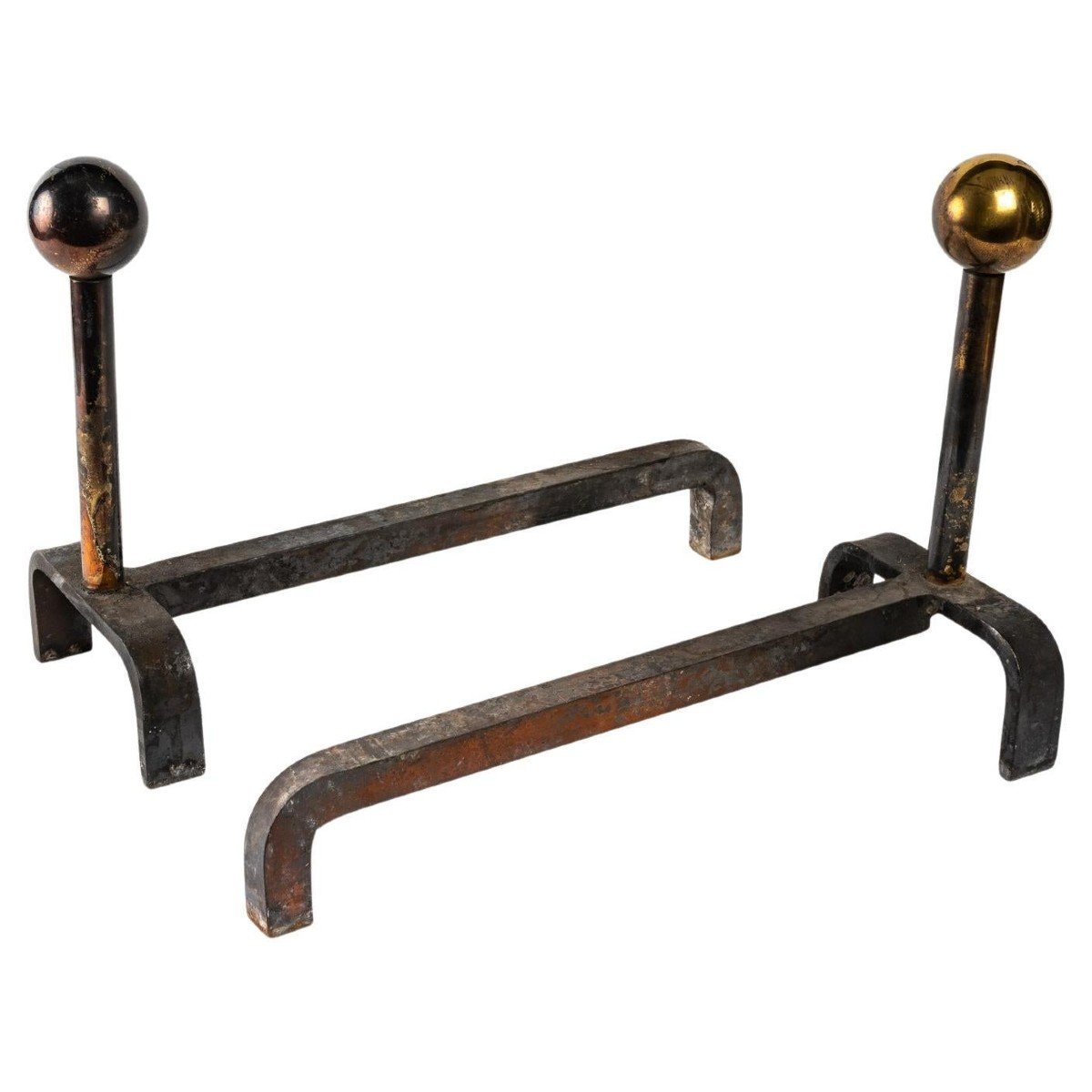 Pair Of Andirons In Cast Iron And Brass, 1960