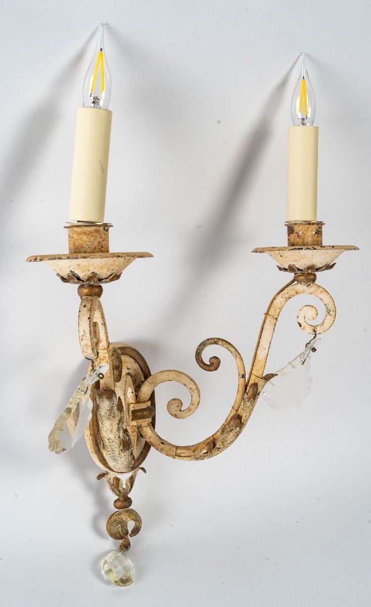 Suite Of Three Wrought Iron Sconces, Early 20th Century-photo-3