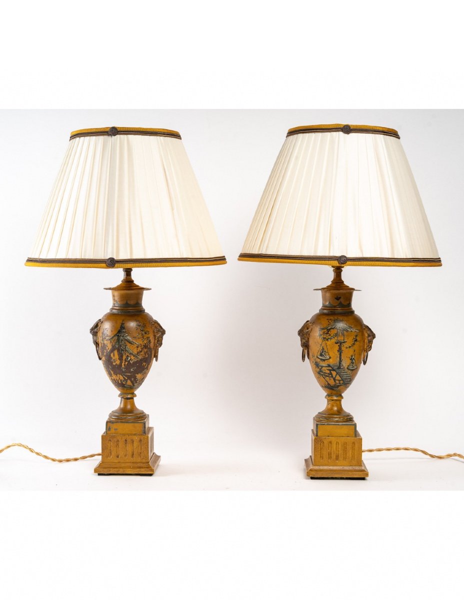 Pair Of Painted Sheet Metal Lamps, XIXth Century-photo-2