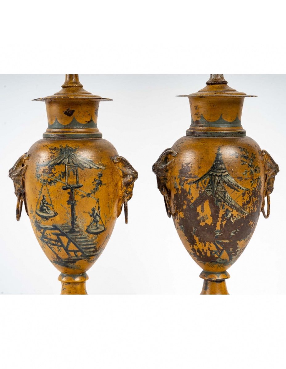 Pair Of Painted Sheet Metal Lamps, XIXth Century-photo-8