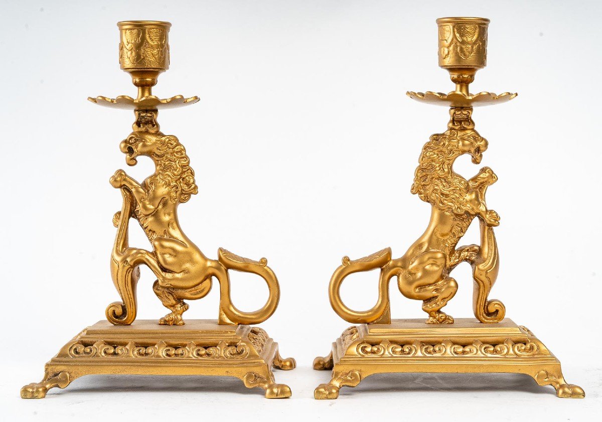 Pair Of Bronze Candlesticks, XIXth Century-photo-1