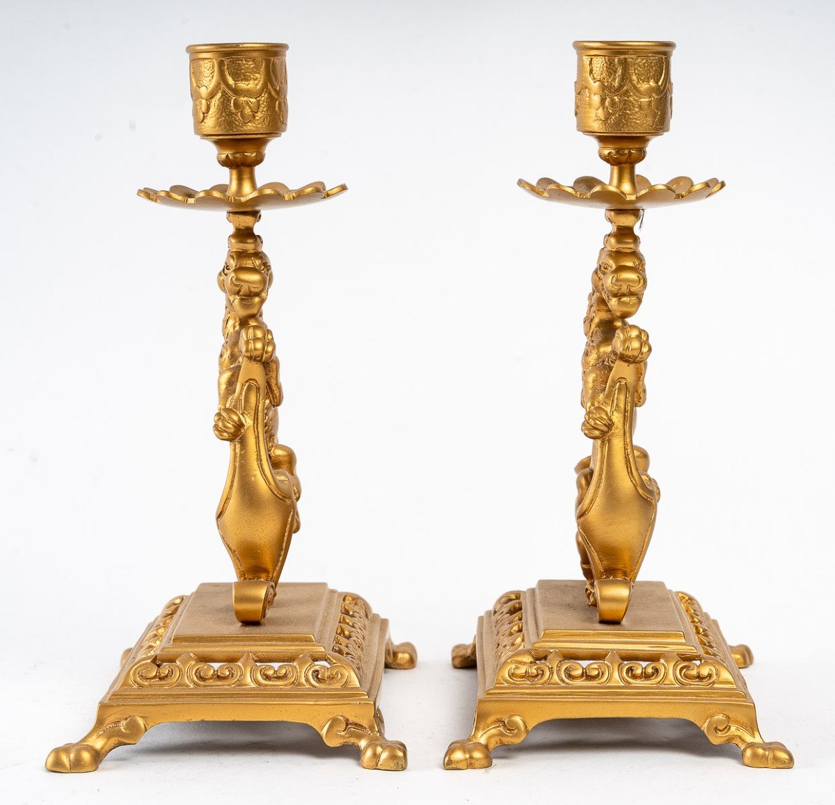 Pair Of Bronze Candlesticks, XIXth Century-photo-2