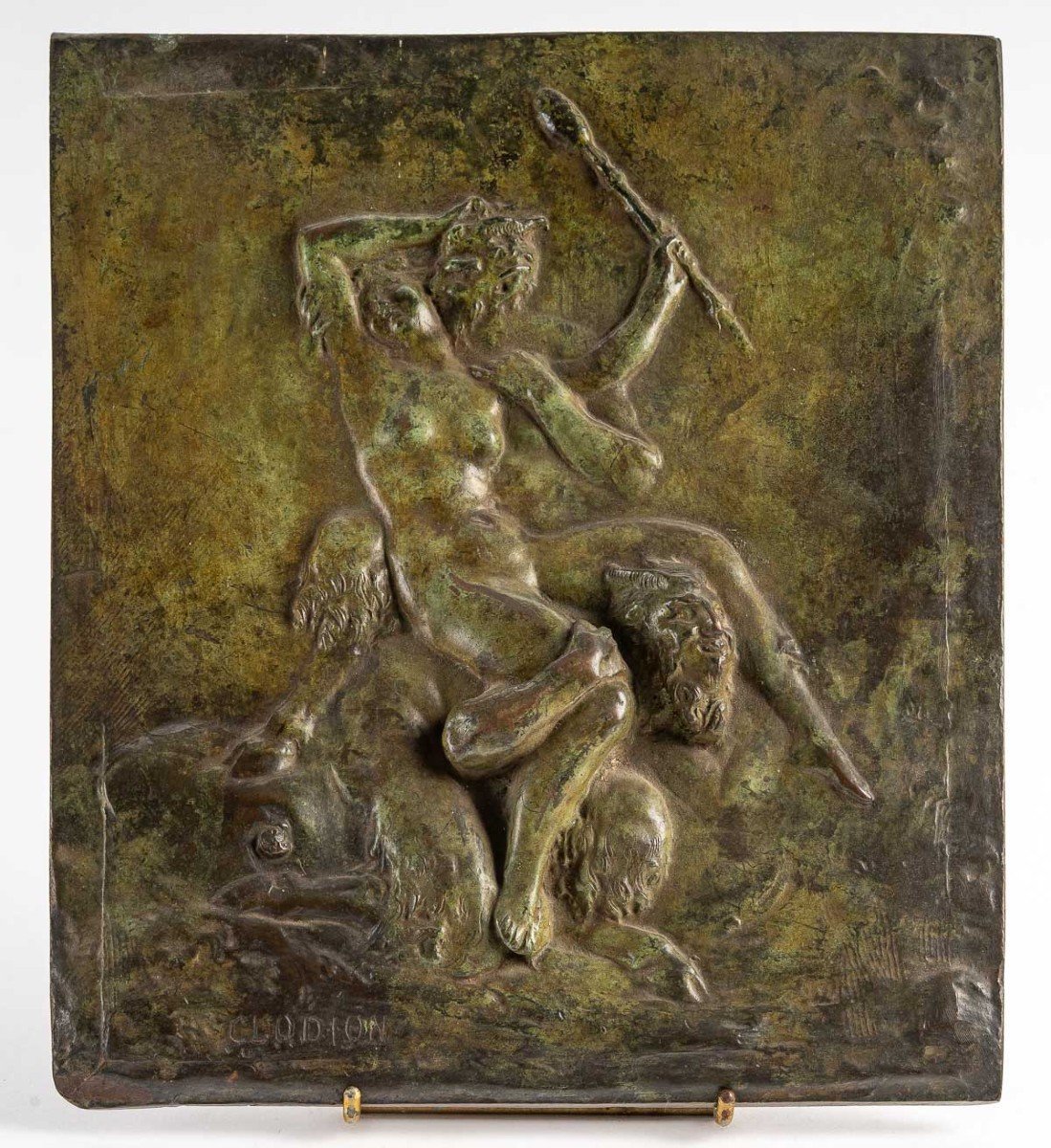 Plaque En Bronze Patiné Représentant Des Faunes, Signée Clodion