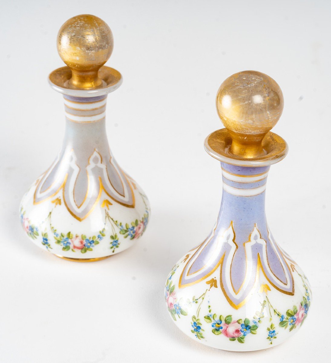 Pair Of Painted And Gilded Opaline Bottles, Napoleon III Period-photo-2