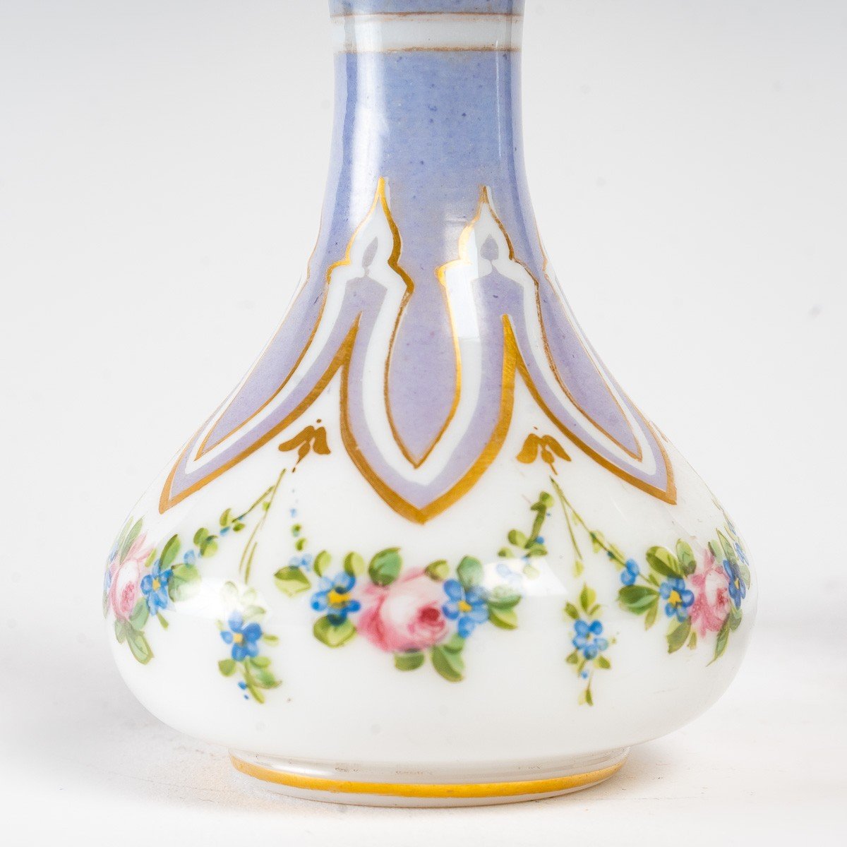 Pair Of Painted And Gilded Opaline Bottles, Napoleon III Period-photo-1