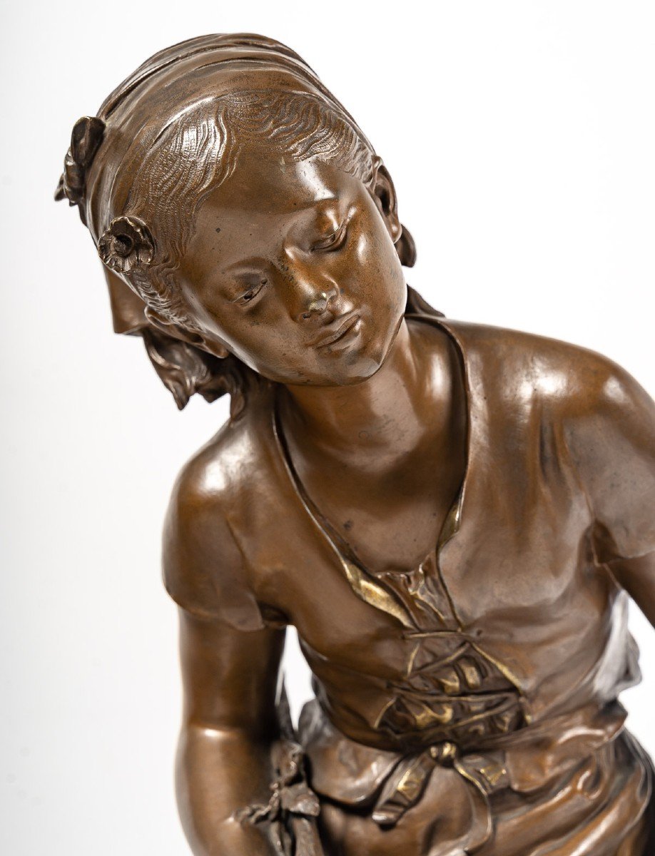 Sculpture In Patinated Bronze, Signed Mathurin Moreau, "the Fisherwoman"-photo-3