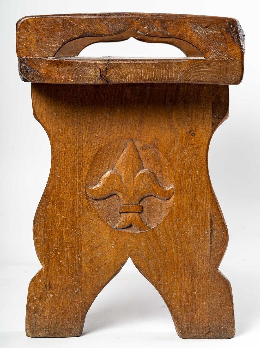 Tabouret En Bois Sculpté, Chêne, 1950-1960.-photo-1