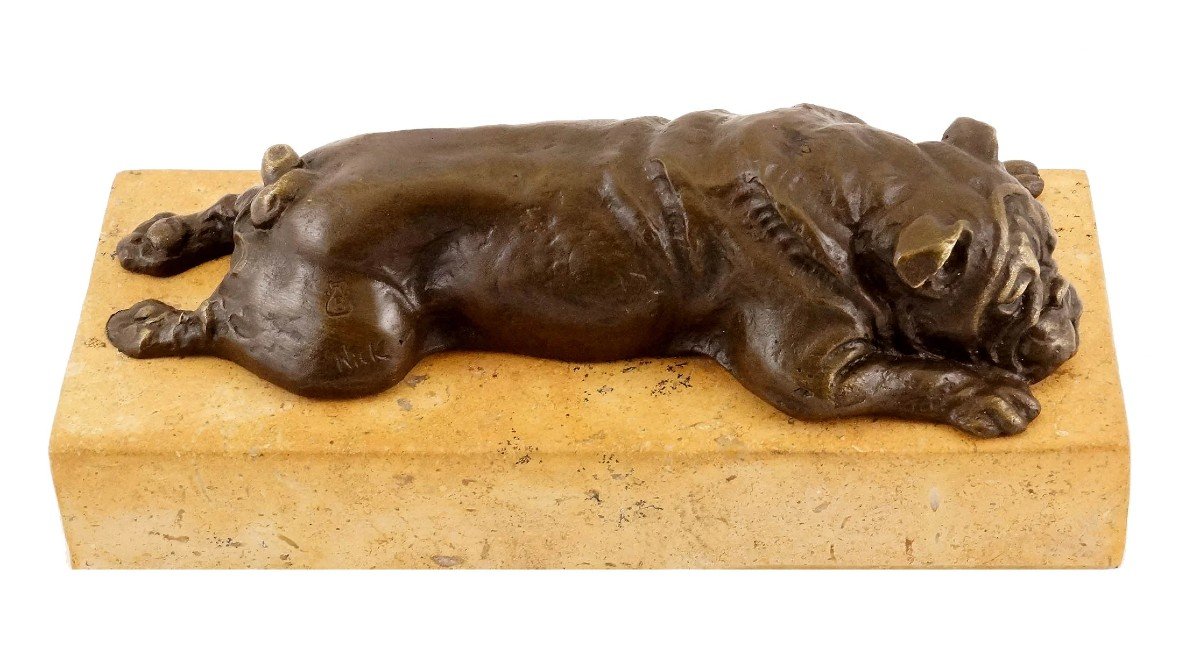 Sculpture Animalière En Bronze D’un Chien Bulldog, Socle En Pierre -photo-2