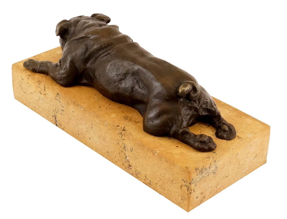 Sculpture Animalière En Bronze D’un Chien Bulldog, Socle En Pierre -photo-4