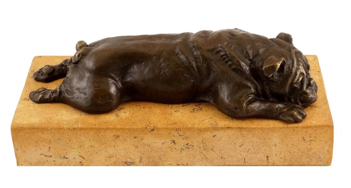 Sculpture Animalière En Bronze D’un Chien Bulldog, Socle En Pierre -photo-2