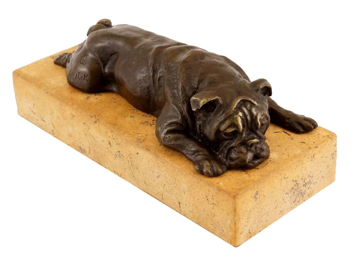 Sculpture Animalière En Bronze D’un Chien Bulldog, Socle En Pierre -photo-3