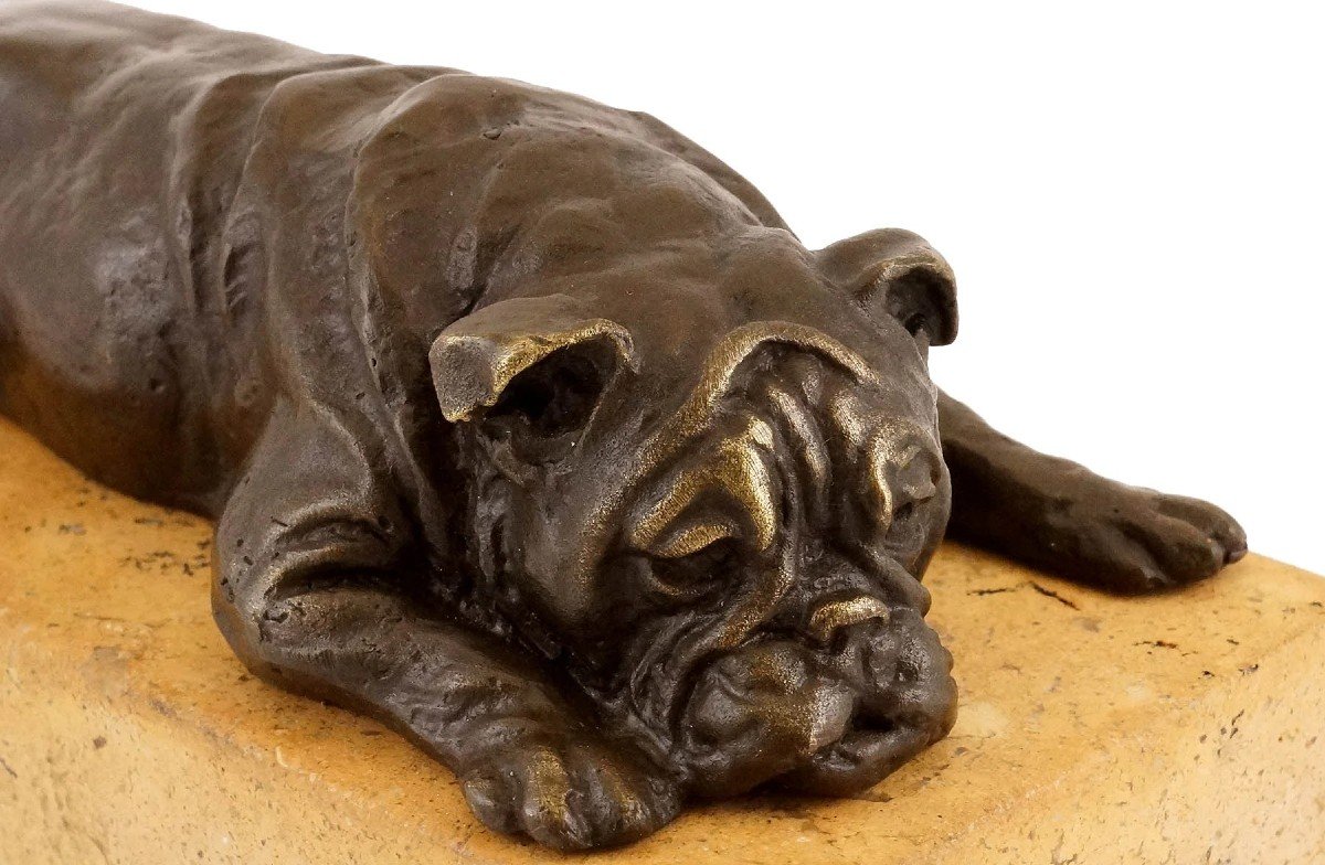 Sculpture Animalière En Bronze D’un Chien Bulldog, Socle En Pierre -photo-4