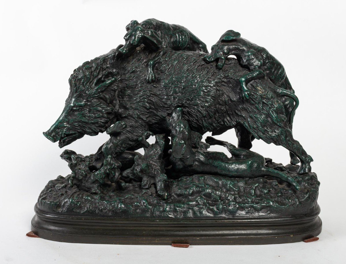 Sculpture En Bronze , Les Chiens De Chasse à L ‘assaut Du Sanglier.-photo-2