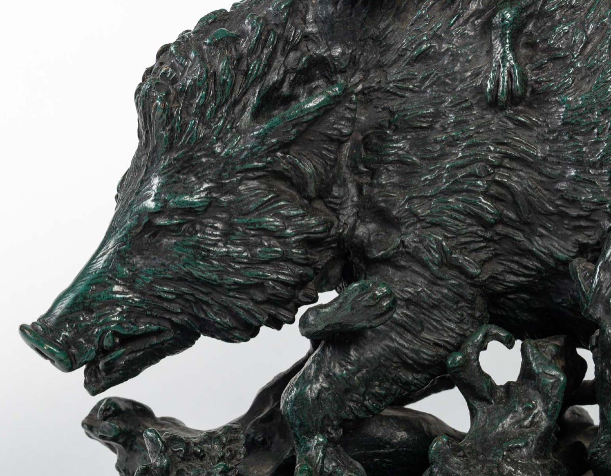 Sculpture En Bronze , Les Chiens De Chasse à L ‘assaut Du Sanglier.-photo-1