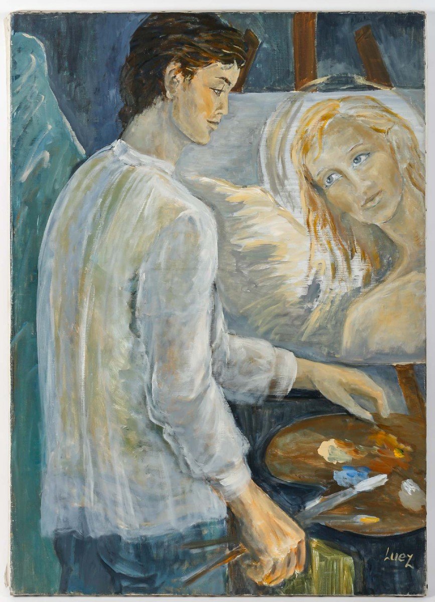 Peinture, Huile Sur Toile De l'Artiste Evelyne Luez, "le Peintre à Son Chevalet".