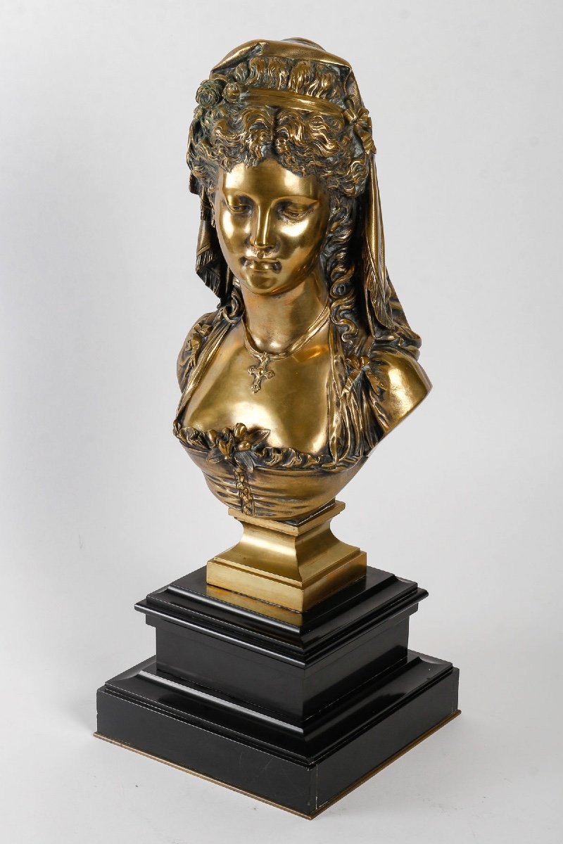 Bust, Sculpture Of A Courtesan In Gilt Bronze By Eugène Antoine François Aizelin.-photo-4