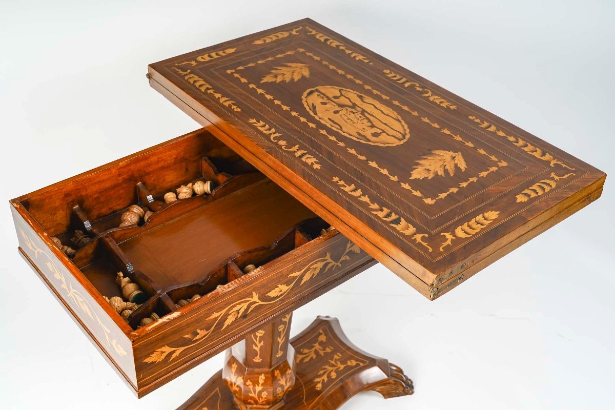 Chessboard, Backgammon Table, Games Table In Wood Marquetry, Early 20th Century.-photo-2