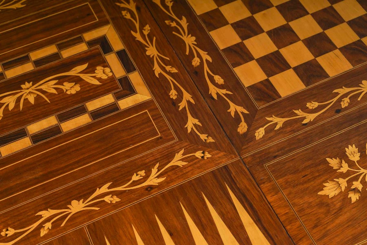 Chessboard, Backgammon Table, Games Table In Wood Marquetry, Early 20th Century.-photo-4