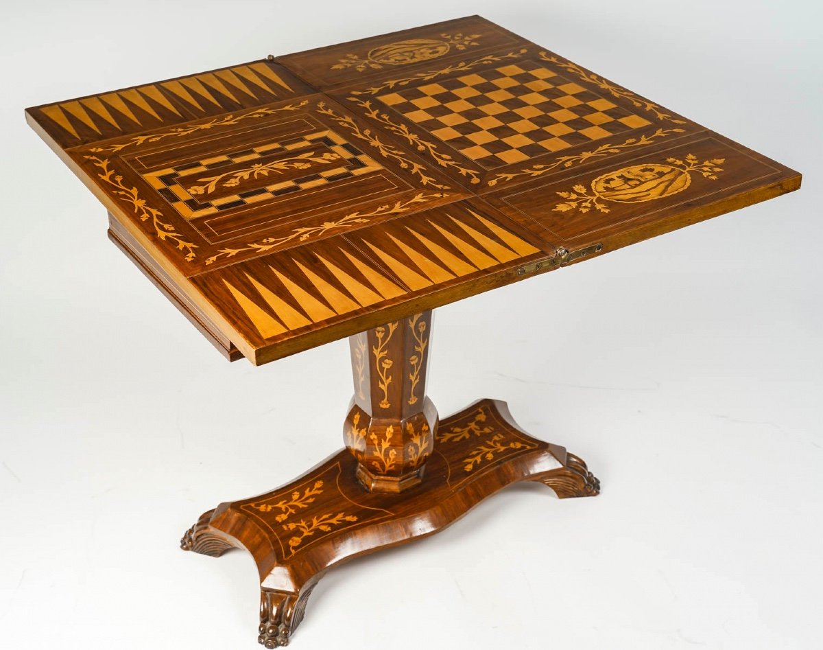 Chessboard, Backgammon Table, Games Table In Wood Marquetry, Early 20th Century.