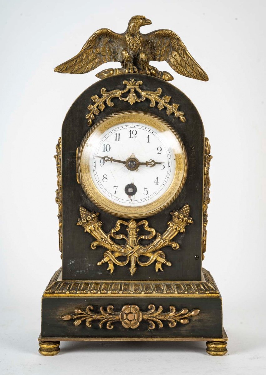 Empire Style Bronze Travel Clock, Late 19th Century Or Early 20th Century.