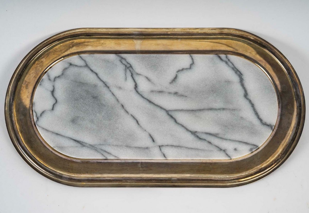 Foie Gras Tray In Silver Metal And Marble, 20th Century-photo-2