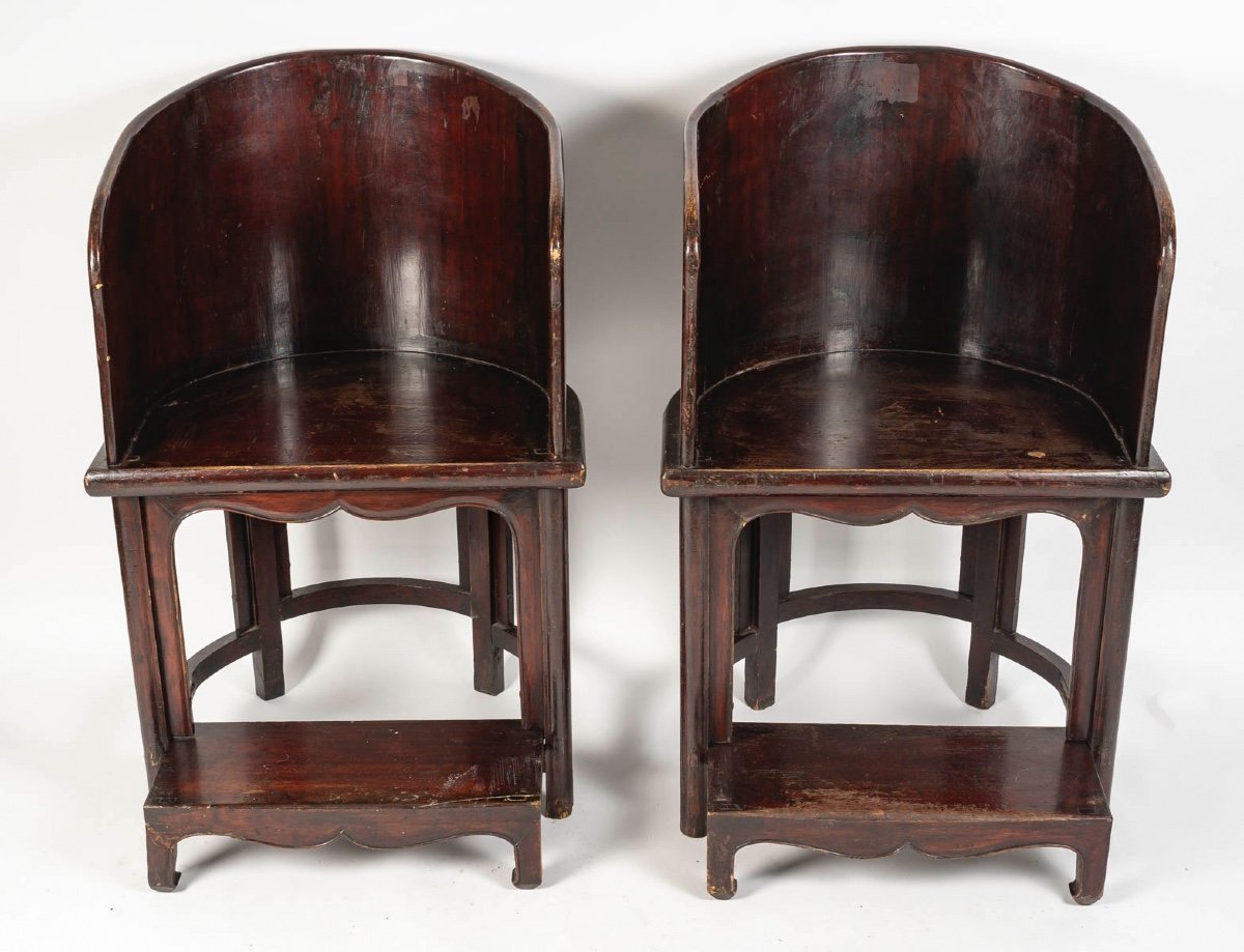 Pair Of Wooden Dignitary Armchairs, Footstool, Asian Art-photo-2