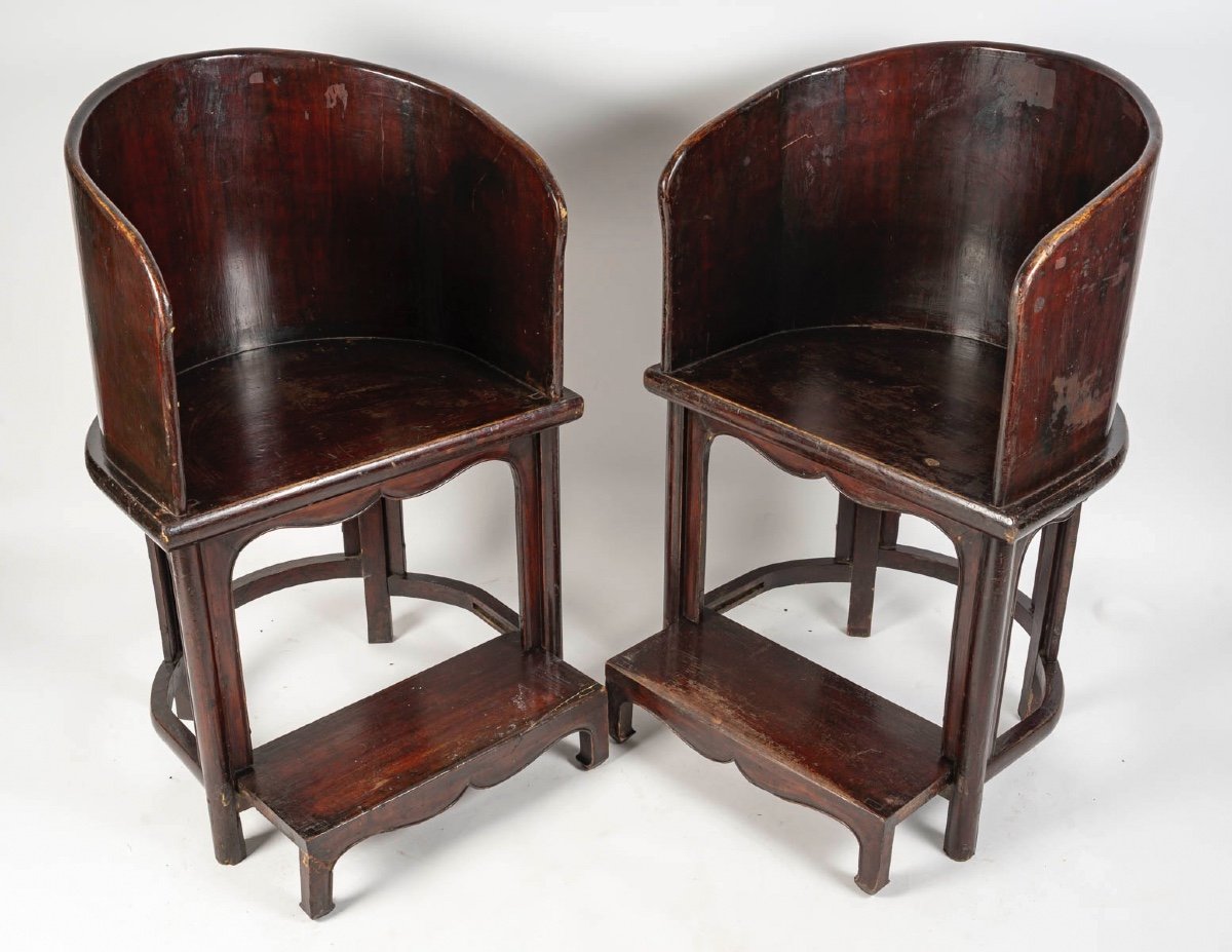 Pair Of Wooden Dignitary Armchairs, Footstool, Asian Art-photo-3