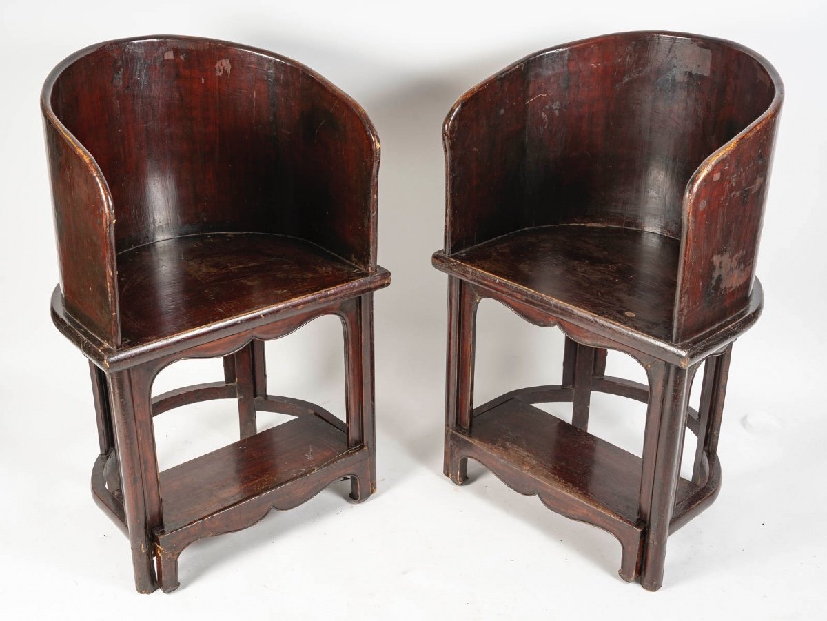 Pair Of Wooden Dignitary Armchairs, Footstool, Asian Art-photo-4