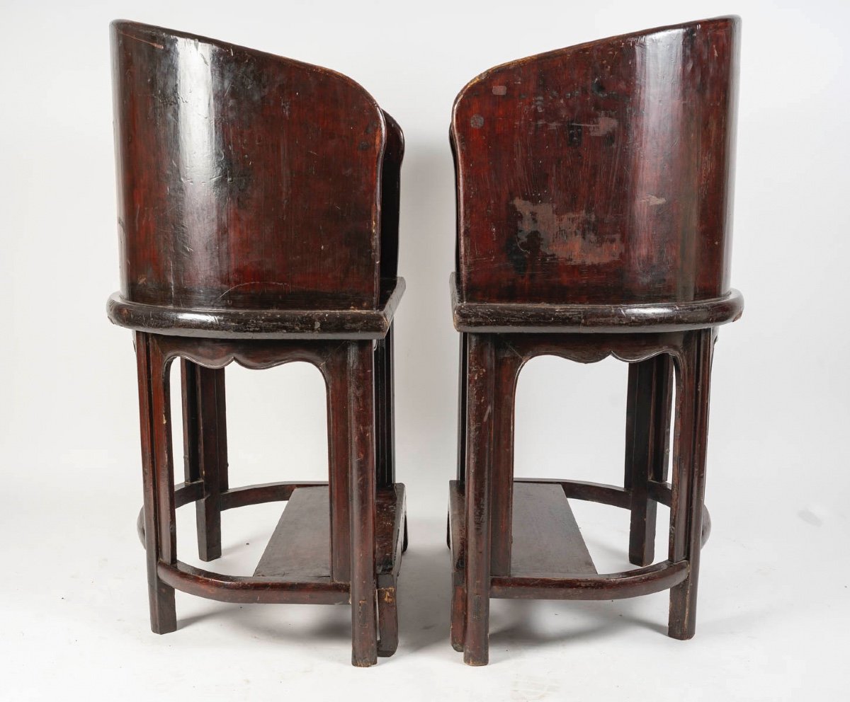 Pair Of Wooden Dignitary Armchairs, Footstool, Asian Art-photo-2