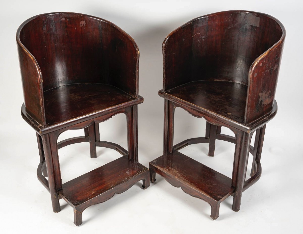 Pair Of Wooden Dignitary Armchairs, Footstool, Asian Art