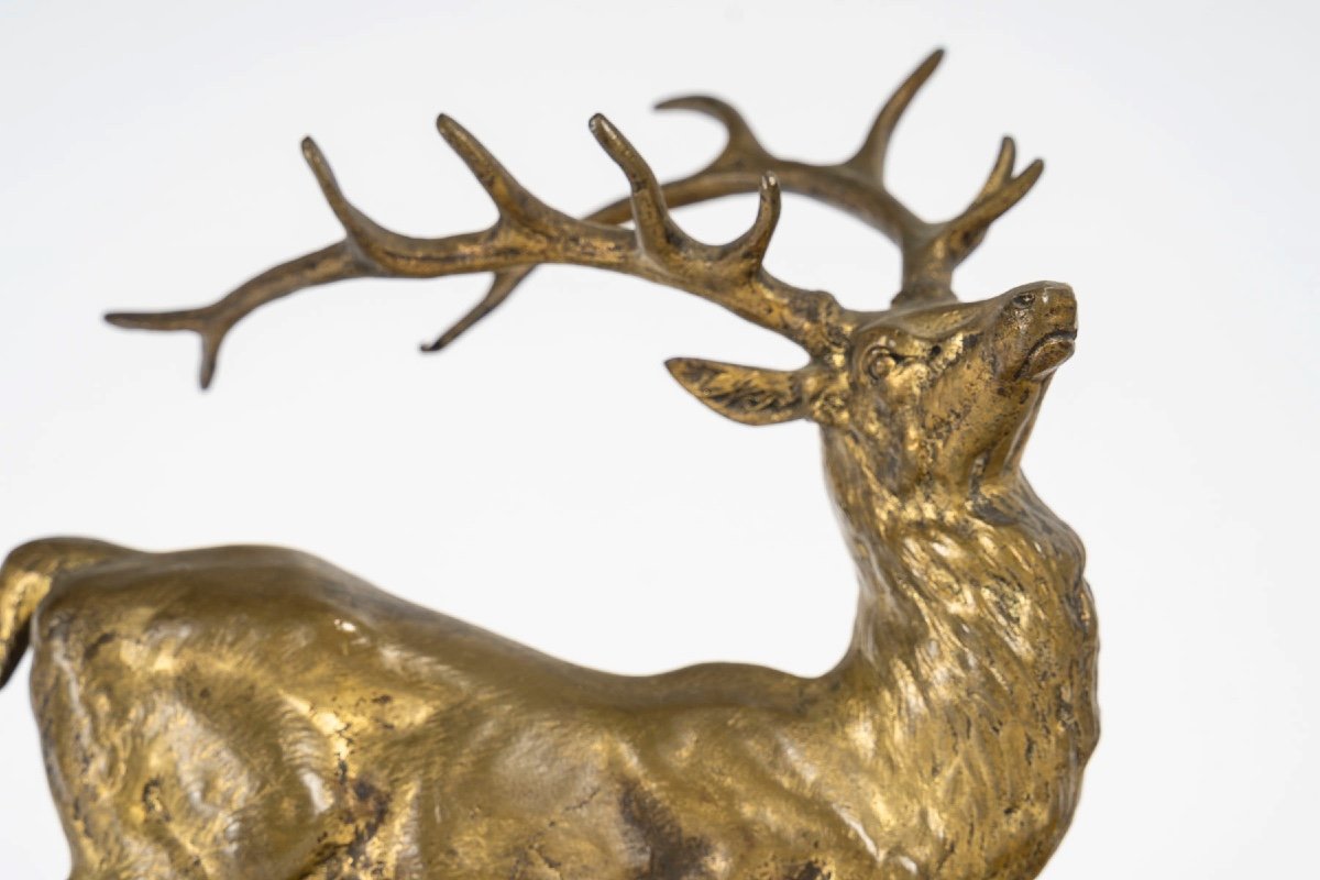 Gilt Bronze Sculpture, Deer In The Wild By Aignon, Sculptor, 19th Century, Napoleon III-photo-2