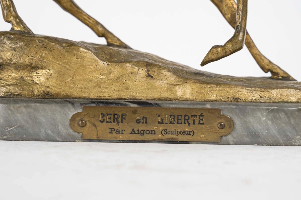 Gilt Bronze Sculpture, Deer In The Wild By Aignon, Sculptor, 19th Century, Napoleon III-photo-4