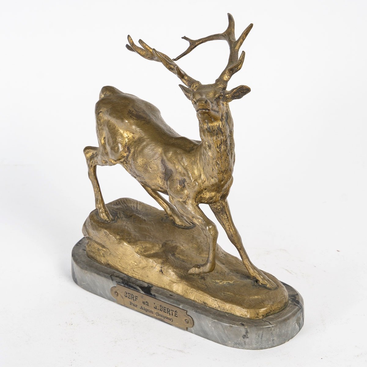 Gilt Bronze Sculpture, Deer In The Wild By Aignon, Sculptor, 19th Century, Napoleon III-photo-1