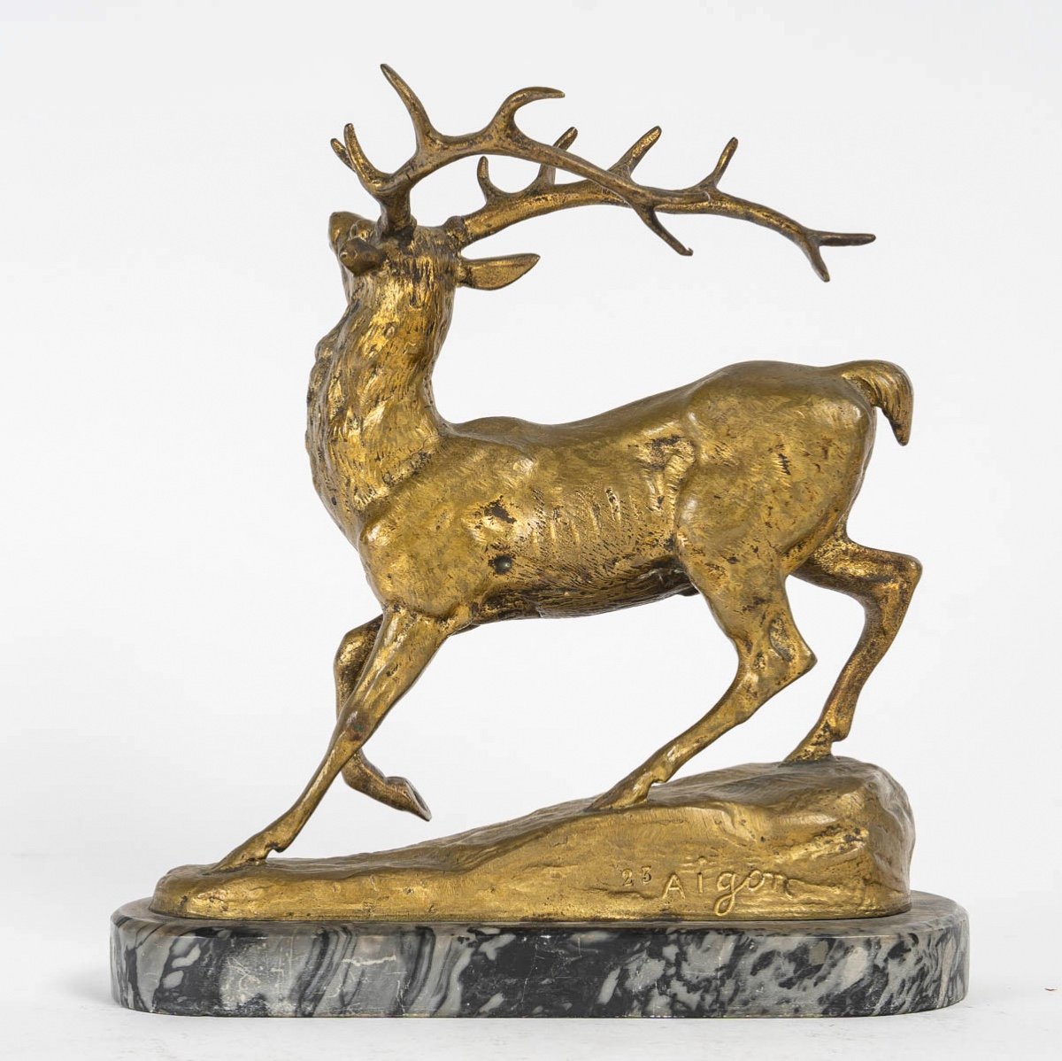 Gilt Bronze Sculpture, Deer In The Wild By Aignon, Sculptor, 19th Century, Napoleon III-photo-3