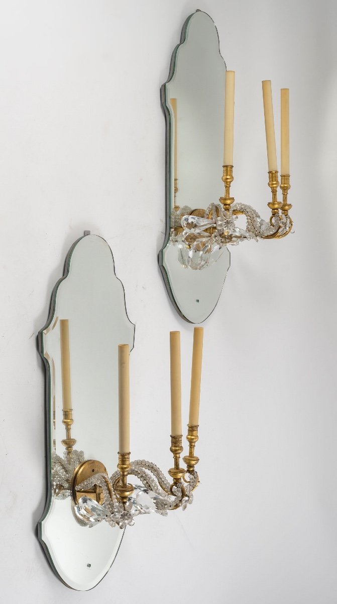 Pair Of Sconces In Mirror And Gilded Iron And Glass Papillae, 1950-1960-photo-2