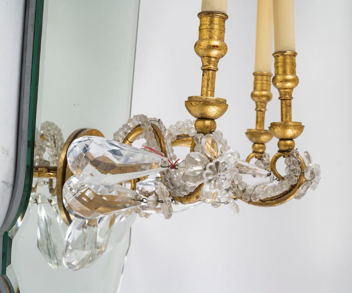 Pair Of Sconces In Mirror And Gilded Iron And Glass Papillae, 1950-1960-photo-3